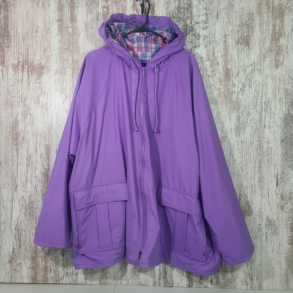 Women's JG Hook PVC Rain coat jacket hooded purple lined Size XXL 2XL EUC